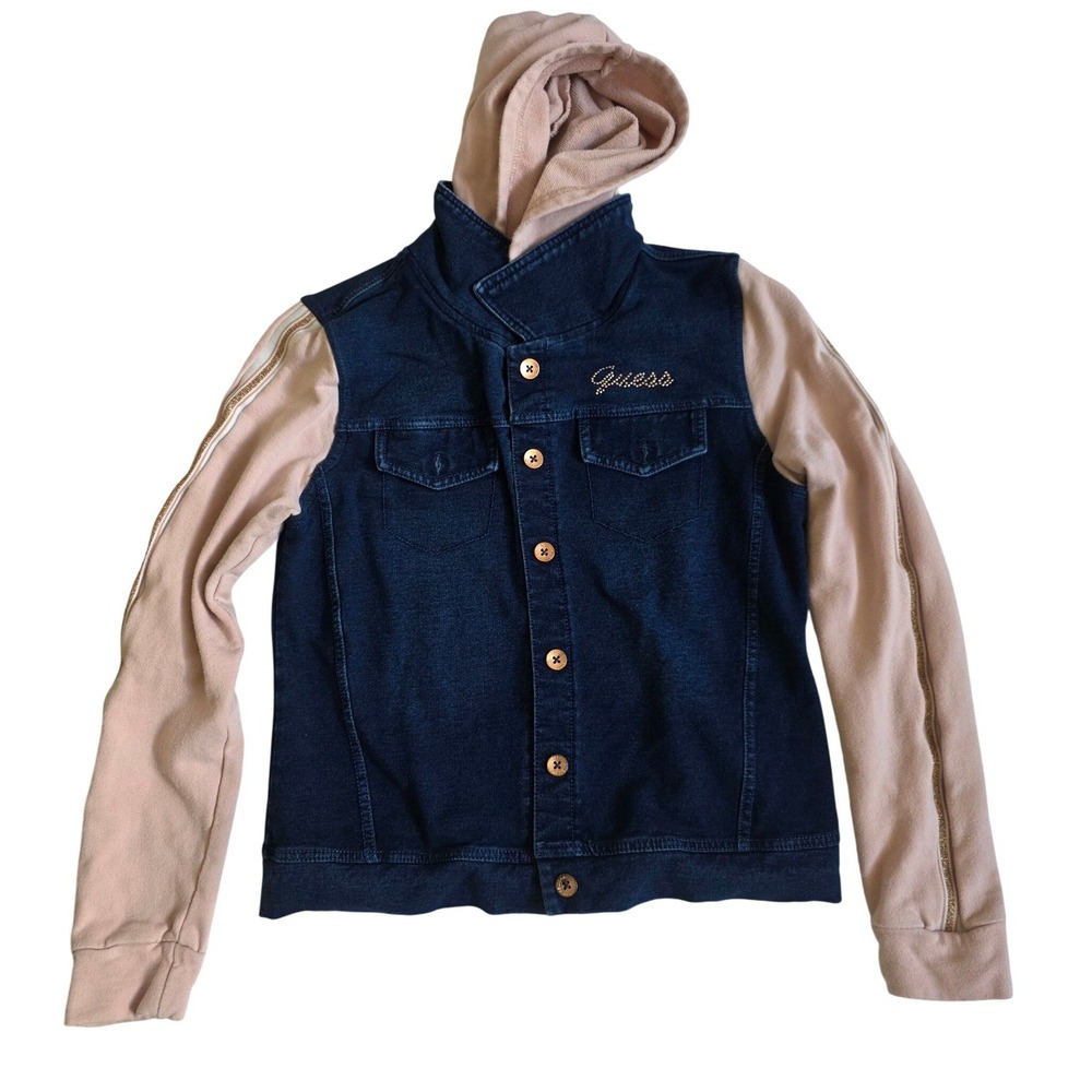 Guess Hooded Denim Jacket 14 Blue Pink Rhinestone Logo Hybrid Mixed Media Coat - Picture 2 of 8